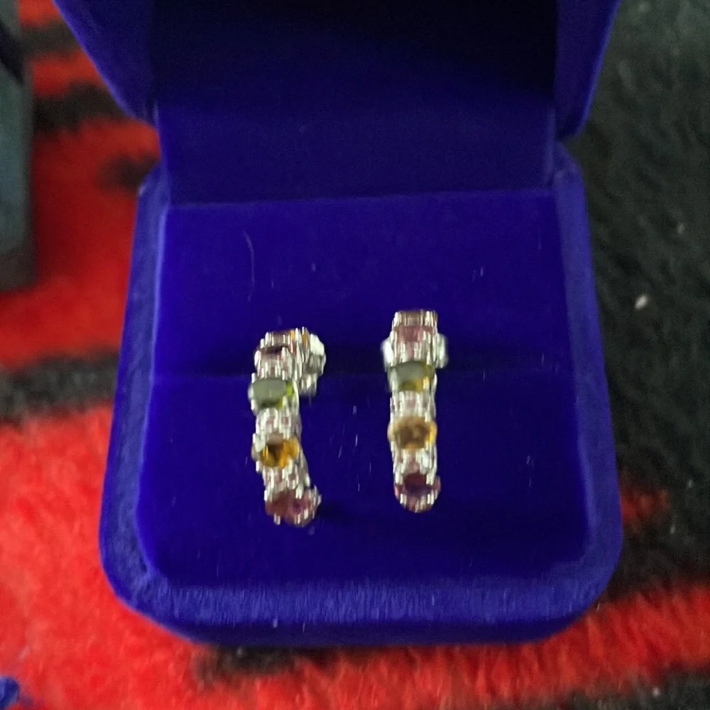 Lovely 925 Silver Earrings With Tourmaline Rhodolite Garnet Stones - Picture 3 of 5
